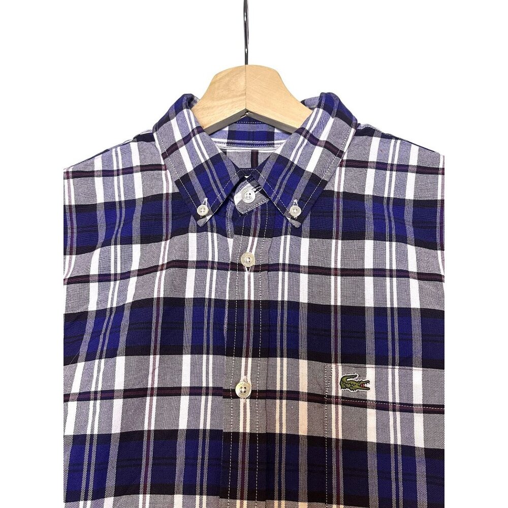 Lacoste Shirt Men's Sm Short Sleeve Button Up Blue Plaid Logo Pocket Regular Fit - Picture 3 of 12